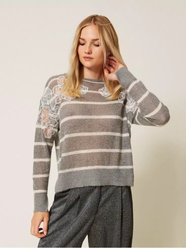 Подовжений светр з мохеру/Смугастий меланж