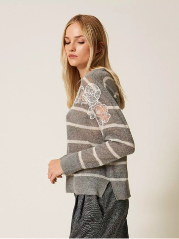 Подовжений светр з мохеру/Смугастий меланж