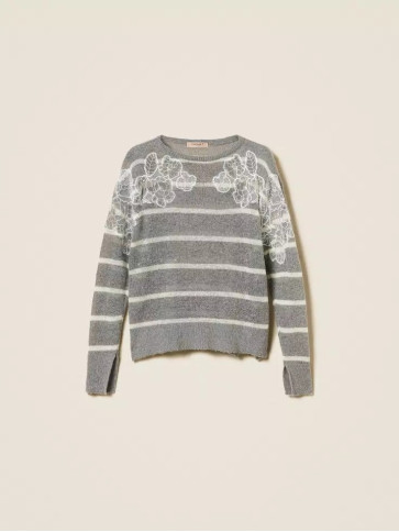 Подовжений светр з мохеру/Смугастий меланж